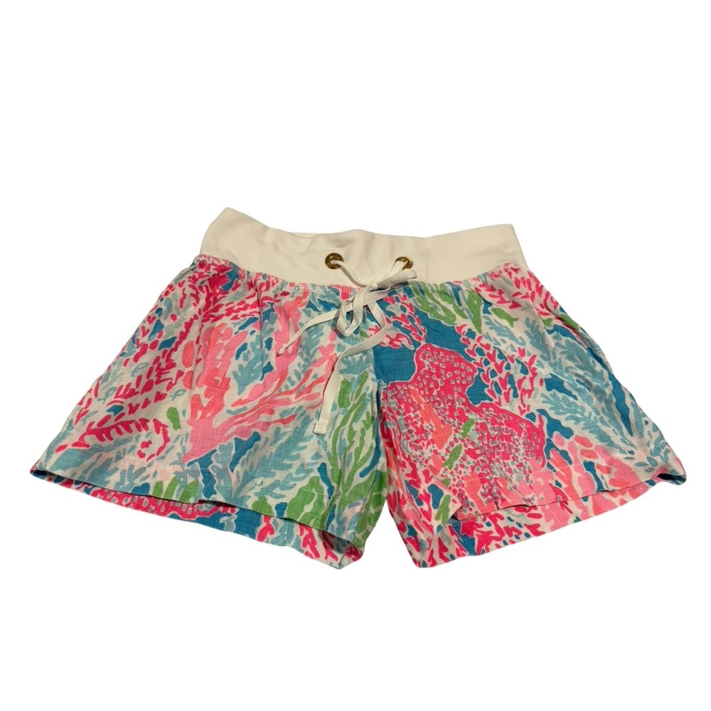 Lilly Pulitzer Turquoise Lets Cha Cha Chrissy Beach Shorts 100%Linen Size XS ECU